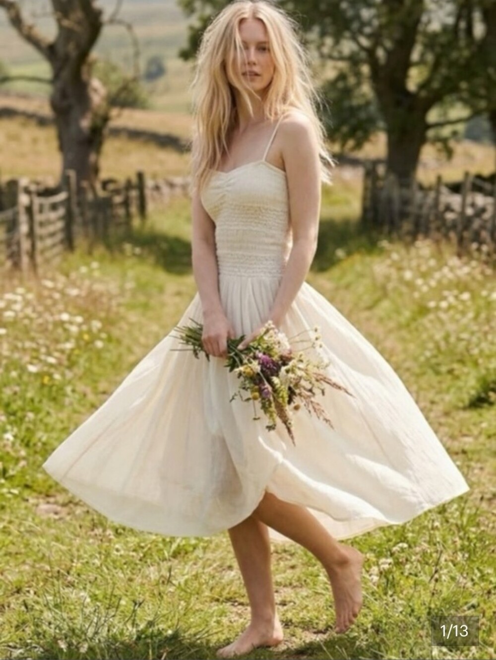 Free People Ethereal Fairy Sparkling Moment Cream Smocked Midi Dress, Medium